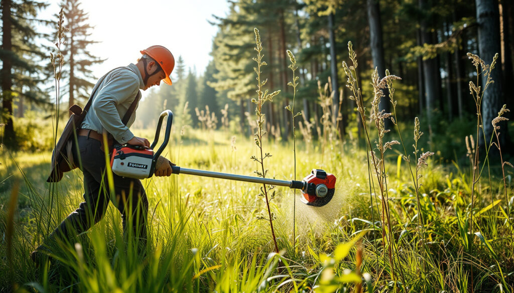 Henkilö raivaa kesämökin piha-alueen vesakkoa ja heinikkoa raivaussahalla valjaat selässä suomalaisessa metsämaisemassa.