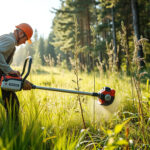 Henkilö raivaa kesämökin piha-alueen vesakkoa ja heinikkoa raivaussahalla valjaat selässä suomalaisessa metsämaisemassa.