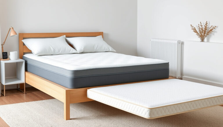 Pariskunnan makuuhuoneessa levitetty leveä 180x200 cm patja valmiiksi vuoteen runkoon, pehmeä pintakerros ja valmiit lakanat sivulla odottamassa asettelua.