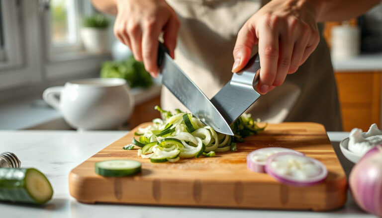 Santoku-veitsi viipaloi vihanneksia leikkauslaudalla valoisassa kotikeittiössä